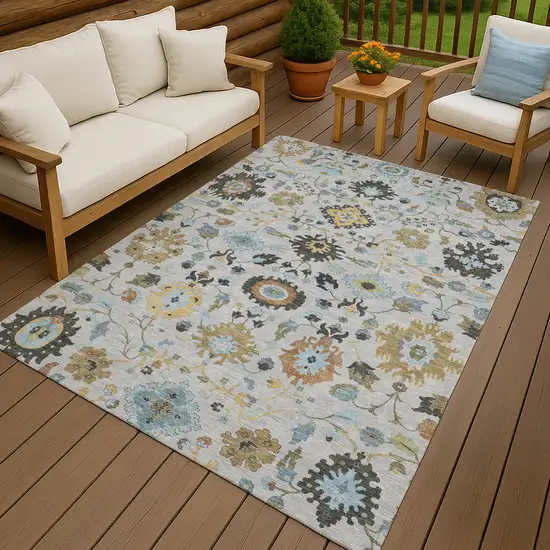 Silver And Charcoal Floral Medallion Washable Indoor Outdoor Area Rug Photo 4
