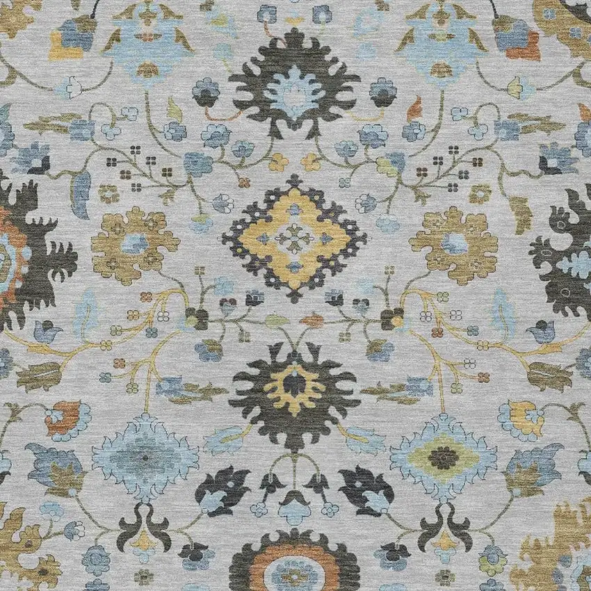 Silver And Charcoal Floral Medallion Washable Indoor Outdoor Area Rug Photo 2