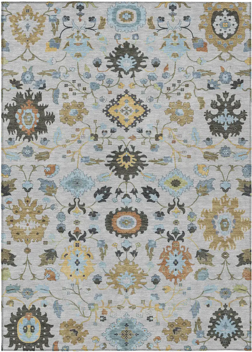 Silver And Charcoal Floral Medallion Washable Indoor Outdoor Area Rug Photo 1