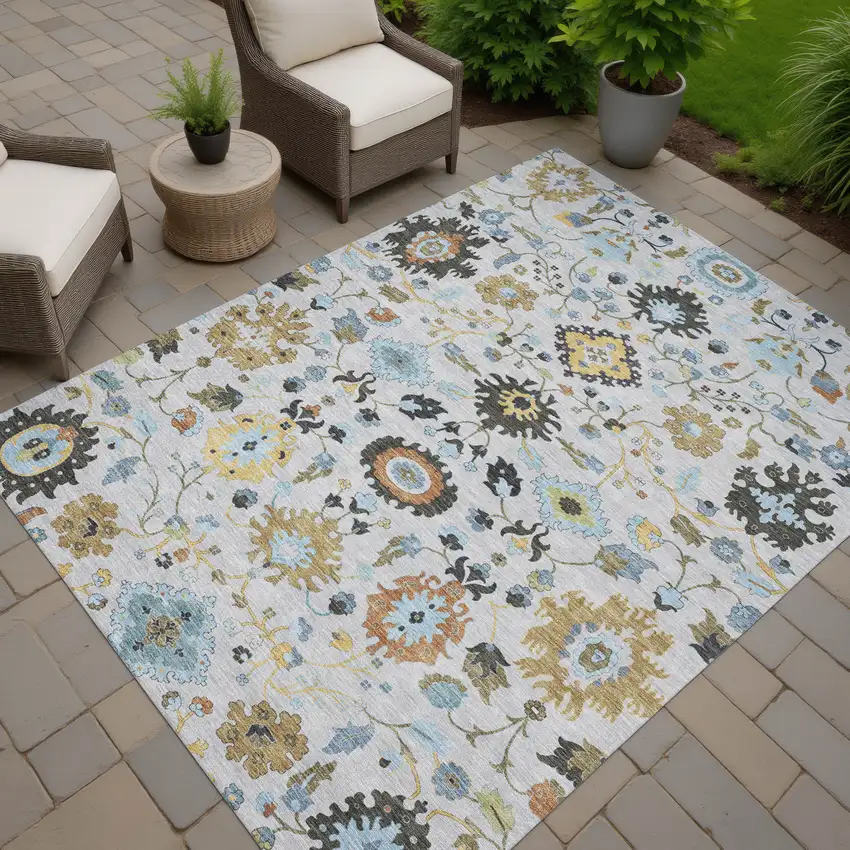 Silver And Charcoal Floral Medallion Washable Indoor Outdoor Area Rug Photo 7