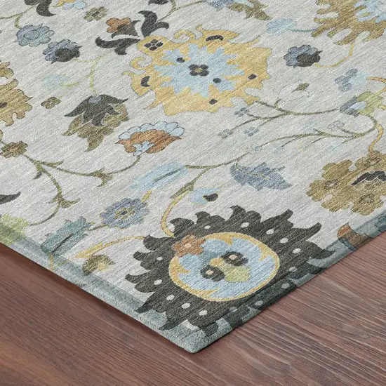 Silver And Charcoal Floral Medallion Washable Indoor Outdoor Area Rug Photo 8