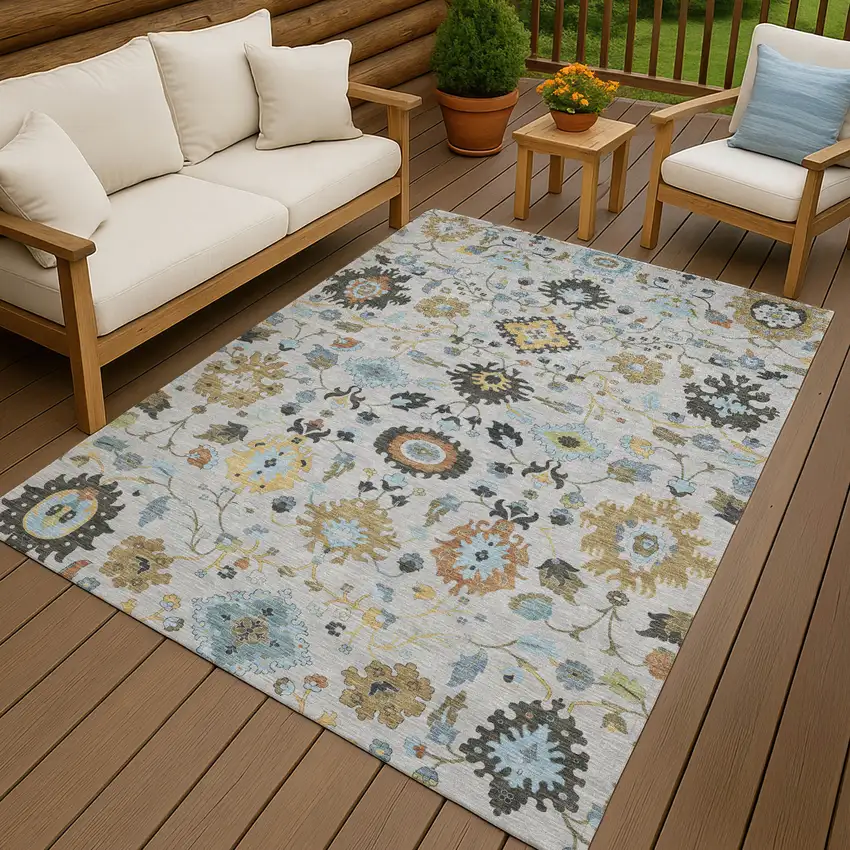 Silver And Charcoal Floral Medallion Washable Indoor Outdoor Area Rug Photo 4