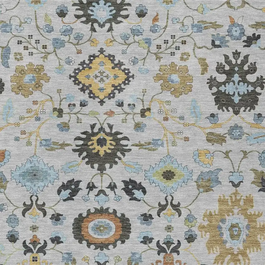 Silver And Charcoal Floral Medallion Washable Indoor Outdoor Area Rug Photo 2
