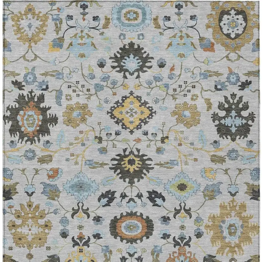 Silver And Charcoal Floral Medallion Washable Indoor Outdoor Area Rug Photo 3