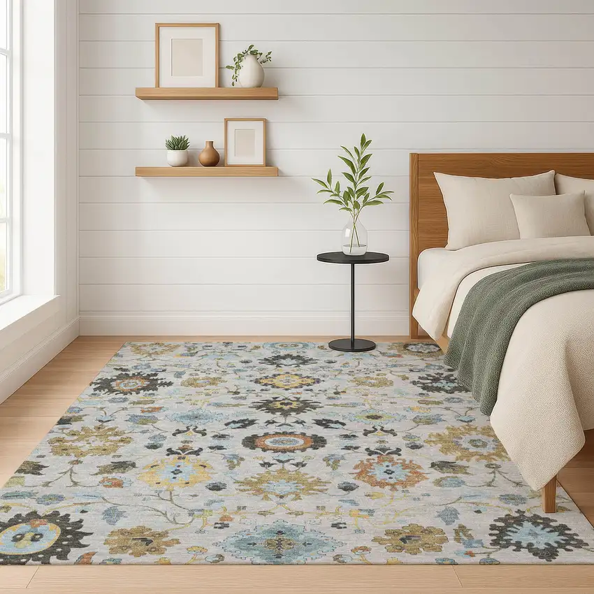 Silver And Charcoal Floral Medallion Washable Indoor Outdoor Area Rug Photo 6