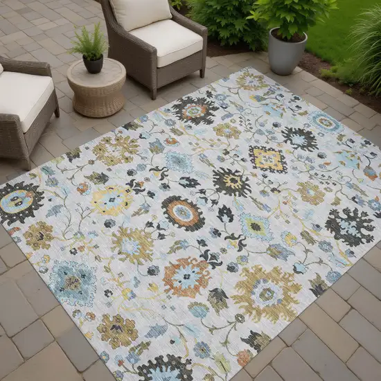 Silver And Charcoal Floral Medallion Washable Indoor Outdoor Area Rug Photo 7