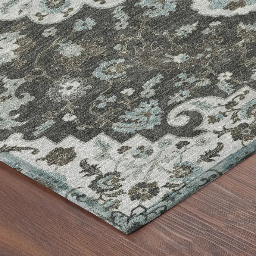 Silver And Charcoal Floral Medallion Washable Indoor Outdoor Area Rug Photo 8
