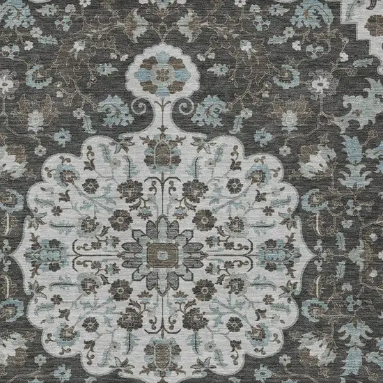 Silver And Charcoal Floral Medallion Washable Indoor Outdoor Area Rug Photo 2