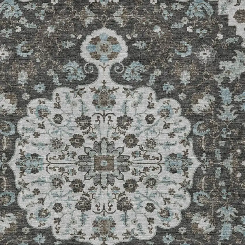 Silver And Charcoal Floral Medallion Washable Indoor Outdoor Area Rug Photo 2