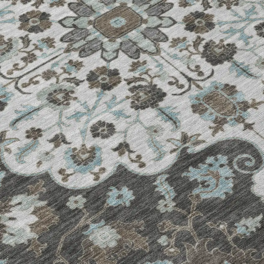 Silver And Charcoal Floral Medallion Washable Indoor Outdoor Area Rug Photo 9