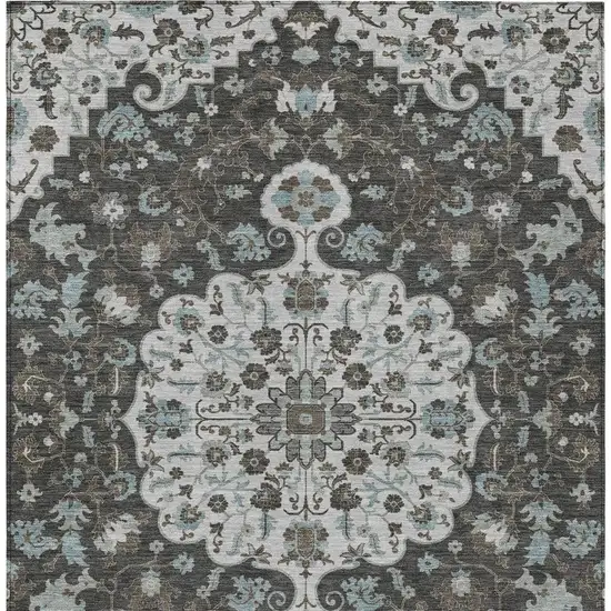 Silver And Charcoal Floral Medallion Washable Indoor Outdoor Area Rug Photo 3