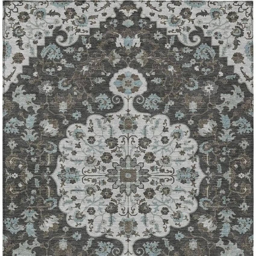 Silver And Charcoal Floral Medallion Washable Indoor Outdoor Area Rug Photo 3