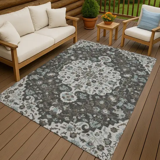 Silver And Charcoal Floral Medallion Washable Indoor Outdoor Area Rug Photo 4