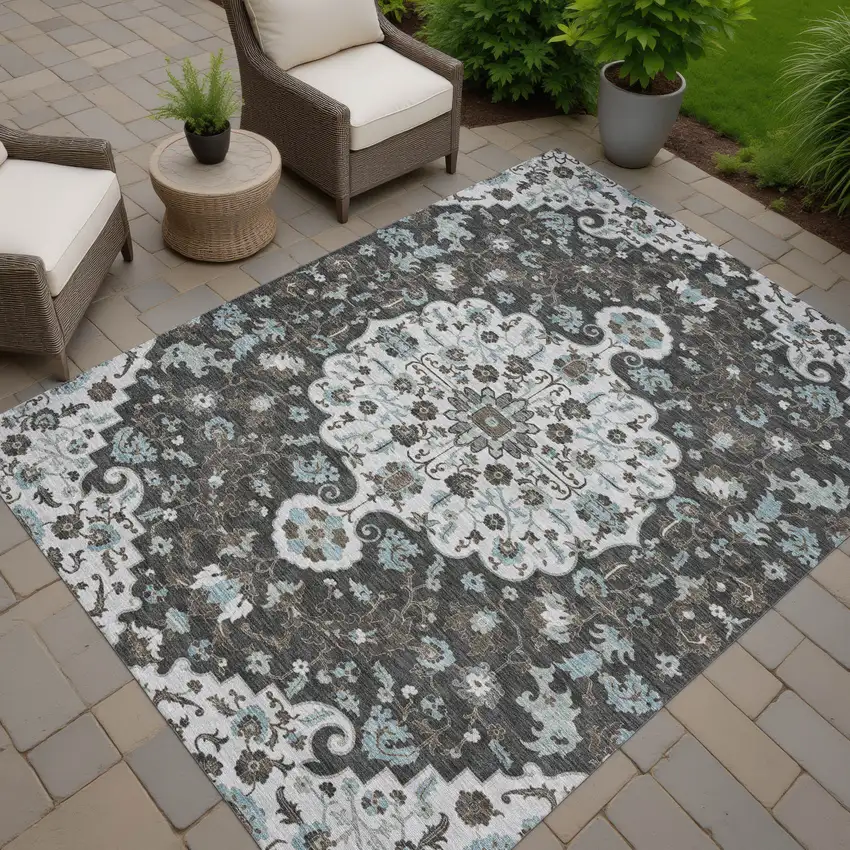 Silver And Charcoal Floral Medallion Washable Indoor Outdoor Area Rug Photo 7