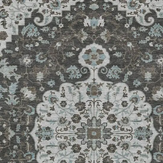Silver And Charcoal Floral Medallion Washable Indoor Outdoor Area Rug Photo 2