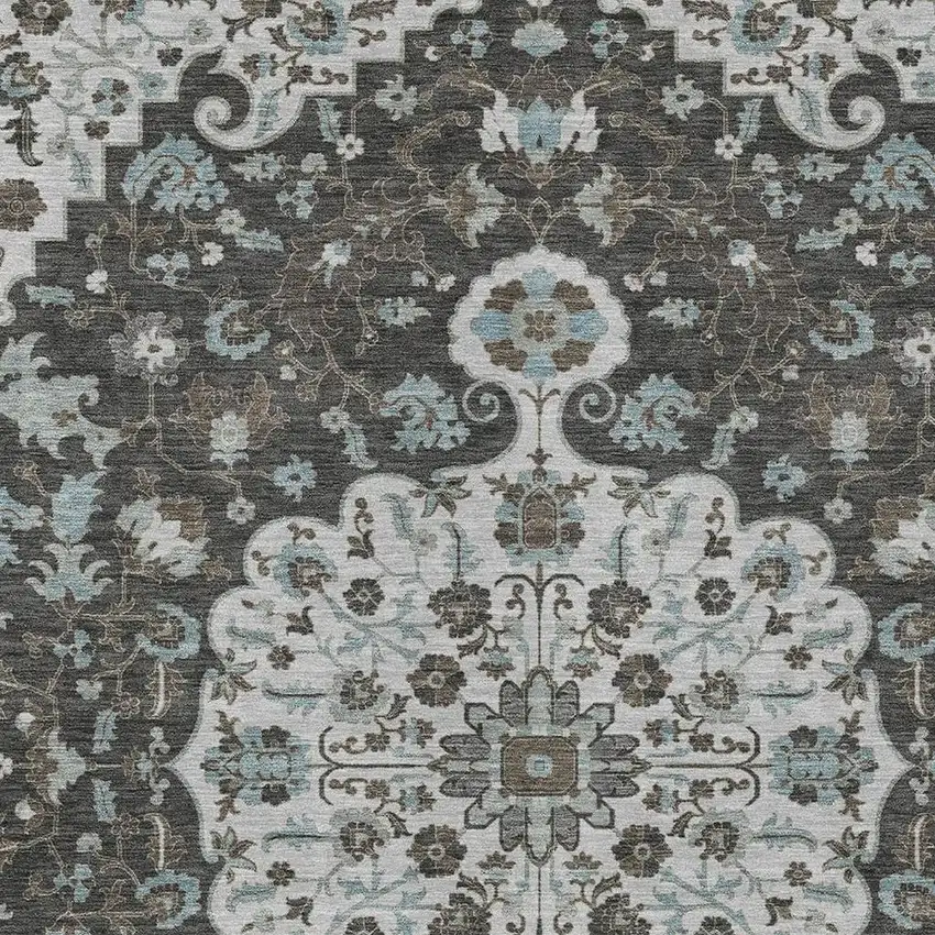 Silver And Charcoal Floral Medallion Washable Indoor Outdoor Area Rug Photo 2