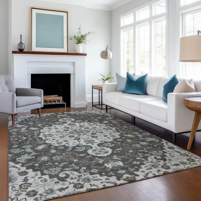 Silver And Charcoal Floral Medallion Washable Indoor Outdoor Area Rug Photo 6