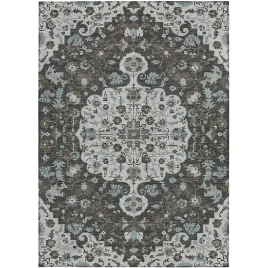 Silver And Charcoal Floral Medallion Washable Indoor Outdoor Area Rug Photo 3
