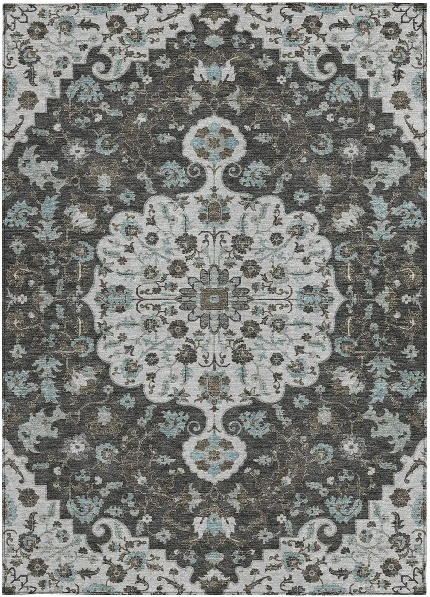 Silver And Charcoal Floral Medallion Washable Indoor Outdoor Area Rug Photo 3