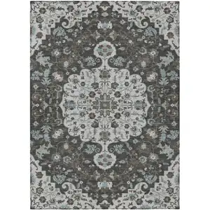 Photo of Silver And Charcoal Floral Medallion Washable Indoor Outdoor Area Rug