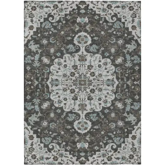 Silver And Charcoal Floral Medallion Washable Indoor Outdoor Area Rug Photo 1