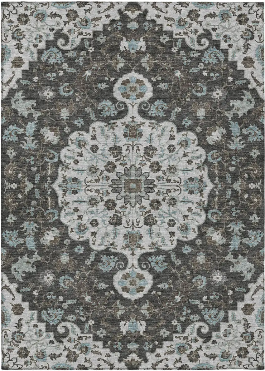 Silver And Charcoal Floral Medallion Washable Indoor Outdoor Area Rug Photo 1