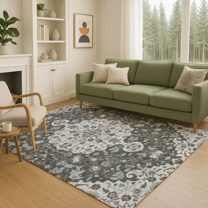 Silver And Charcoal Floral Medallion Washable Indoor Outdoor Area Rug Photo 5