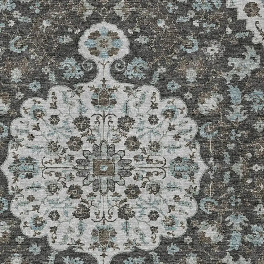 Silver And Charcoal Floral Medallion Washable Indoor Outdoor Area Rug Photo 2