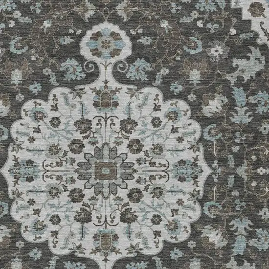 Silver And Charcoal Floral Medallion Washable Indoor Outdoor Area Rug Photo 2