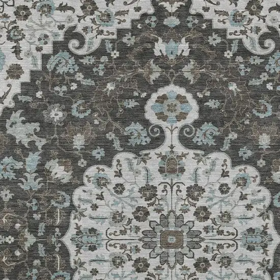 Silver And Charcoal Floral Medallion Washable Indoor Outdoor Area Rug Photo 2
