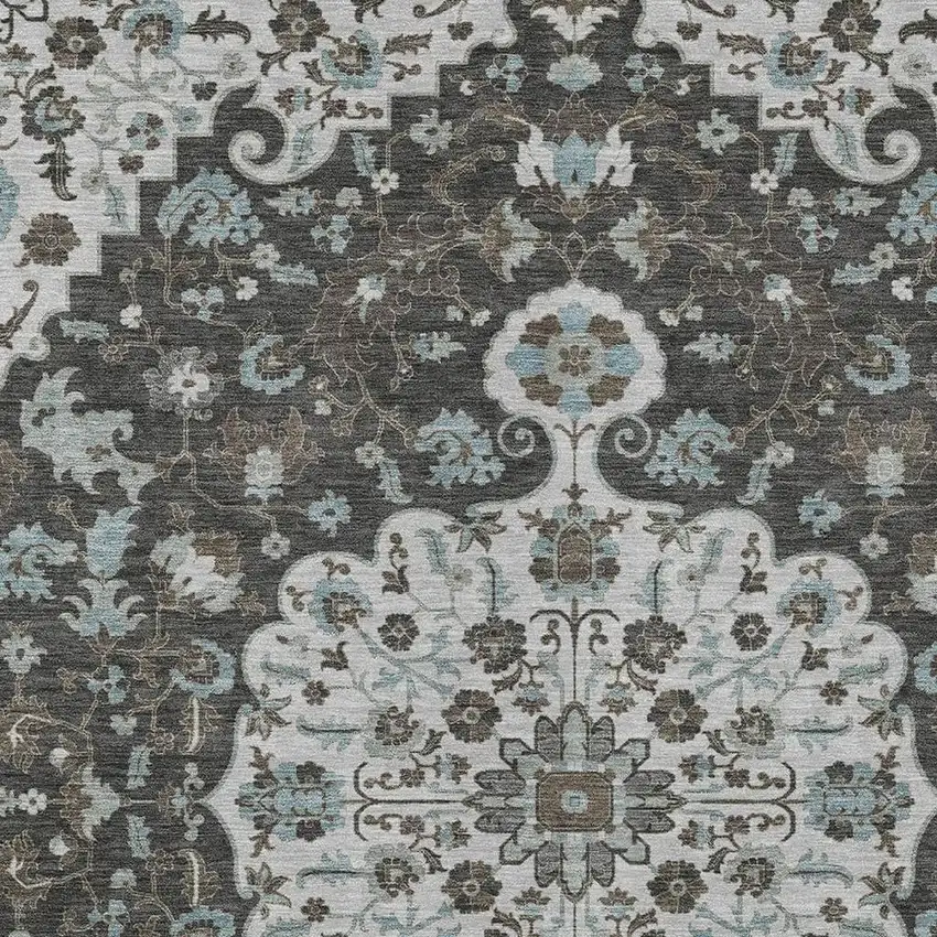 Silver And Charcoal Floral Medallion Washable Indoor Outdoor Area Rug Photo 2