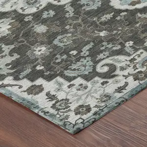 Photo of Silver And Charcoal Floral Medallion Washable Indoor Outdoor Area Rug