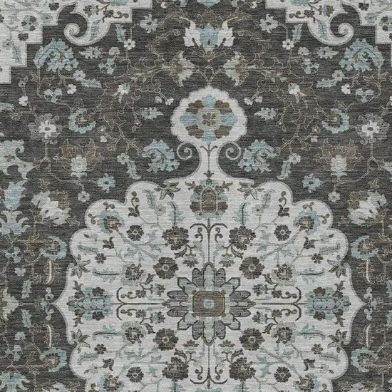 Silver And Charcoal Floral Medallion Washable Indoor Outdoor Area Rug Photo 2
