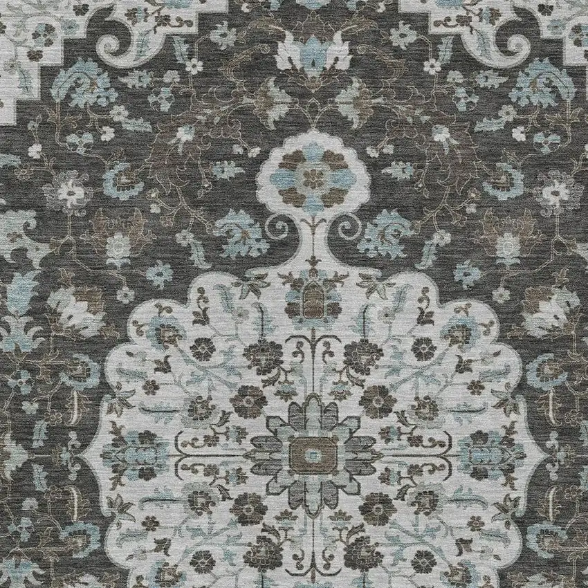 Silver And Charcoal Floral Medallion Washable Indoor Outdoor Area Rug Photo 2