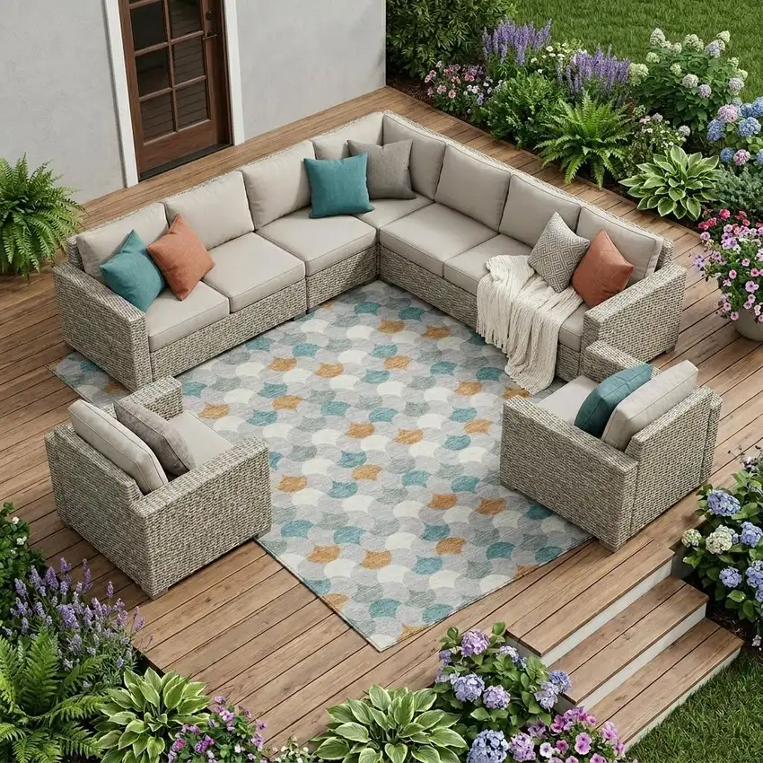 Silver And Copper Geometric Washable Indoor Outdoor Area Rug Photo 1