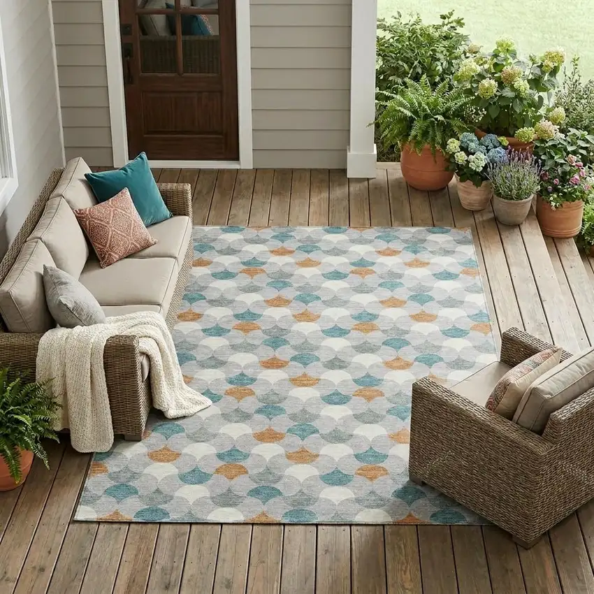 Silver And Copper Geometric Washable Indoor Outdoor Area Rug Photo 1