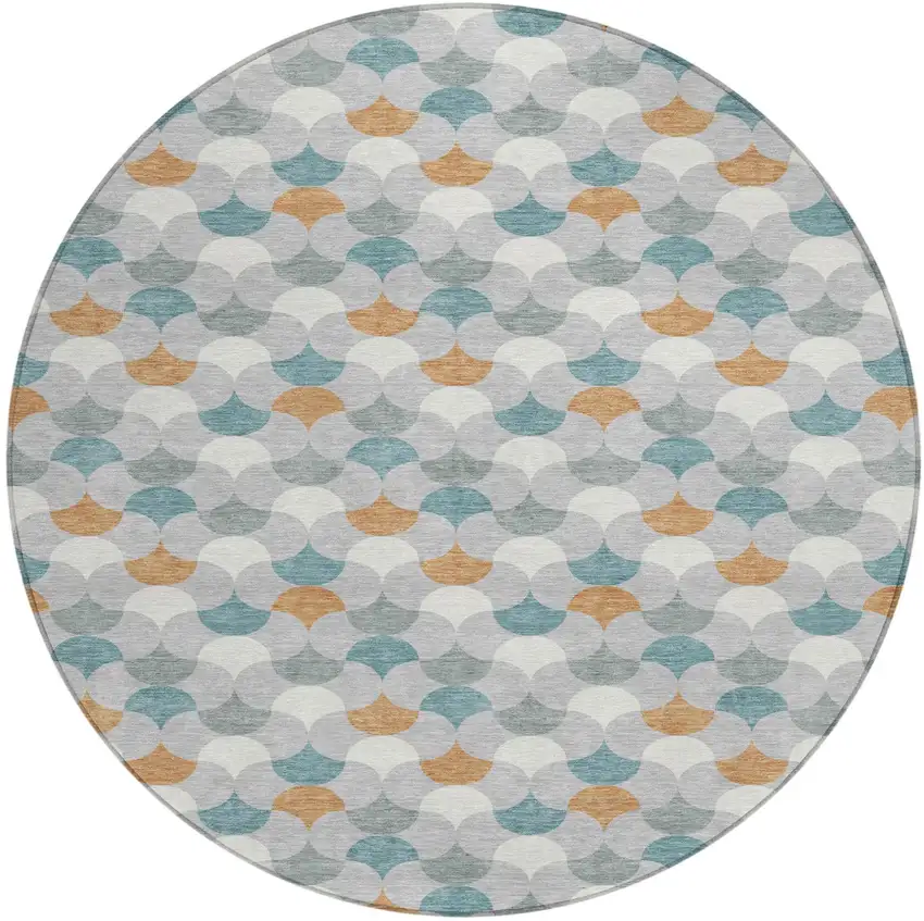 Silver And Copper Round Geometric Washable Indoor Outdoor Area Rug Photo 1