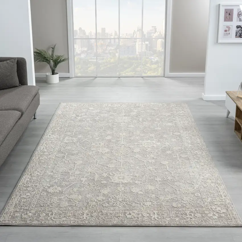 Silver And Cream Floral Square Rug Photo 4