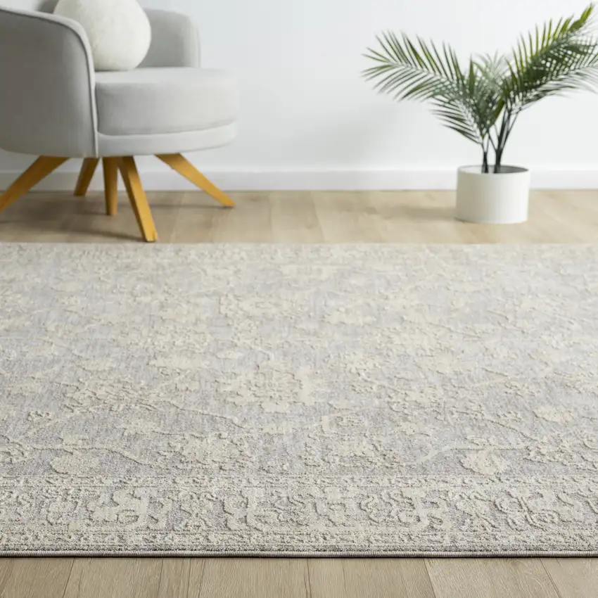 Silver And Cream Floral Square Rug Photo 5