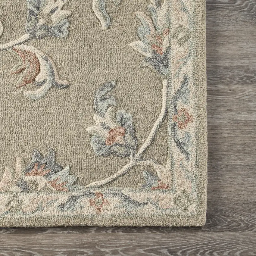 Silver And Cream Wool Floral Hand Tufted Area Rug Photo 7