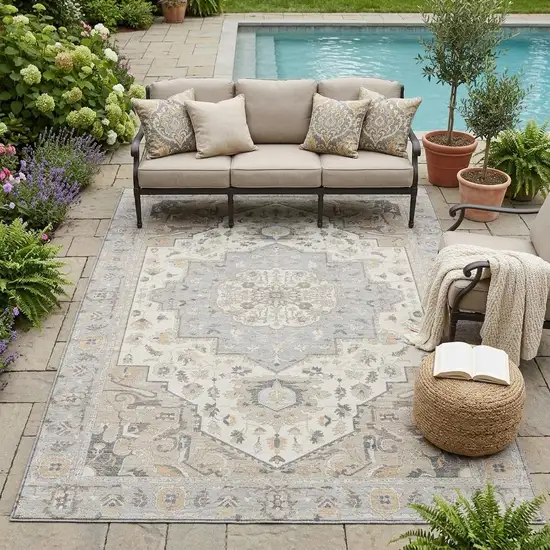 Silver And Fern Green Oriental Washable Indoor Outdoor Area Rug Photo 1
