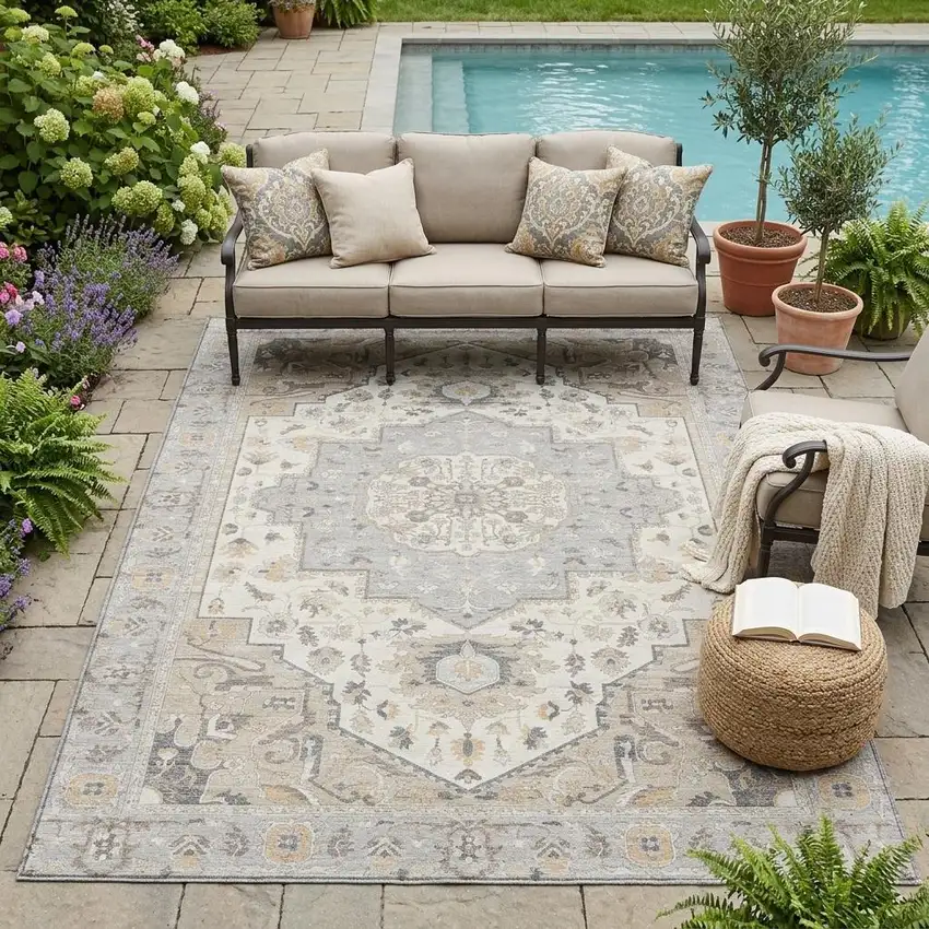 Silver And Fern Green Oriental Washable Indoor Outdoor Area Rug Photo 1