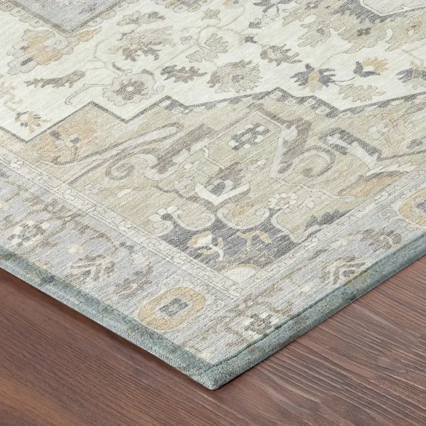 Silver And Fern Green Oriental Washable Indoor Outdoor Area Rug Photo 7