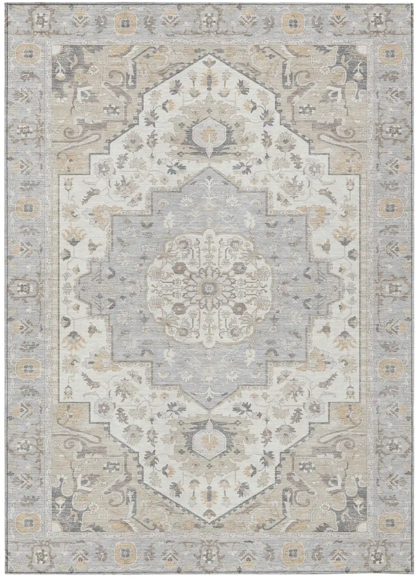 Silver And Fern Green Oriental Washable Indoor Outdoor Area Rug Photo 2