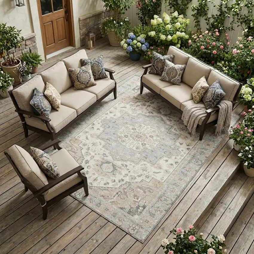 Silver And Fern Green Oriental Washable Indoor Outdoor Area Rug Photo 1