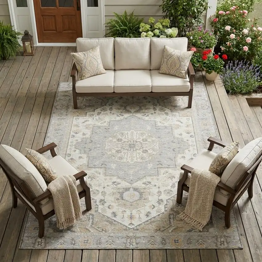 Silver And Fern Green Oriental Washable Indoor Outdoor Area Rug Photo 1
