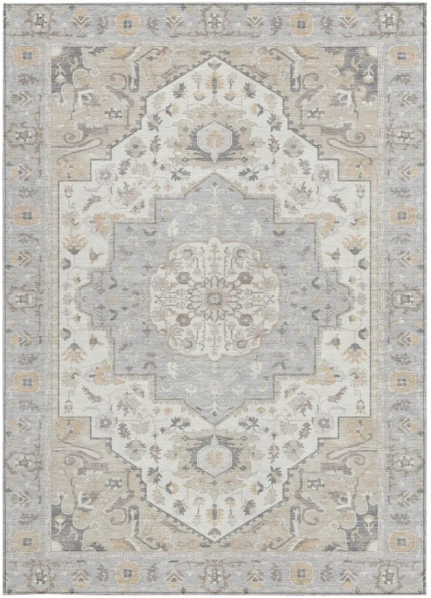 Silver And Fern Green Oriental Washable Indoor Outdoor Area Rug Photo 4