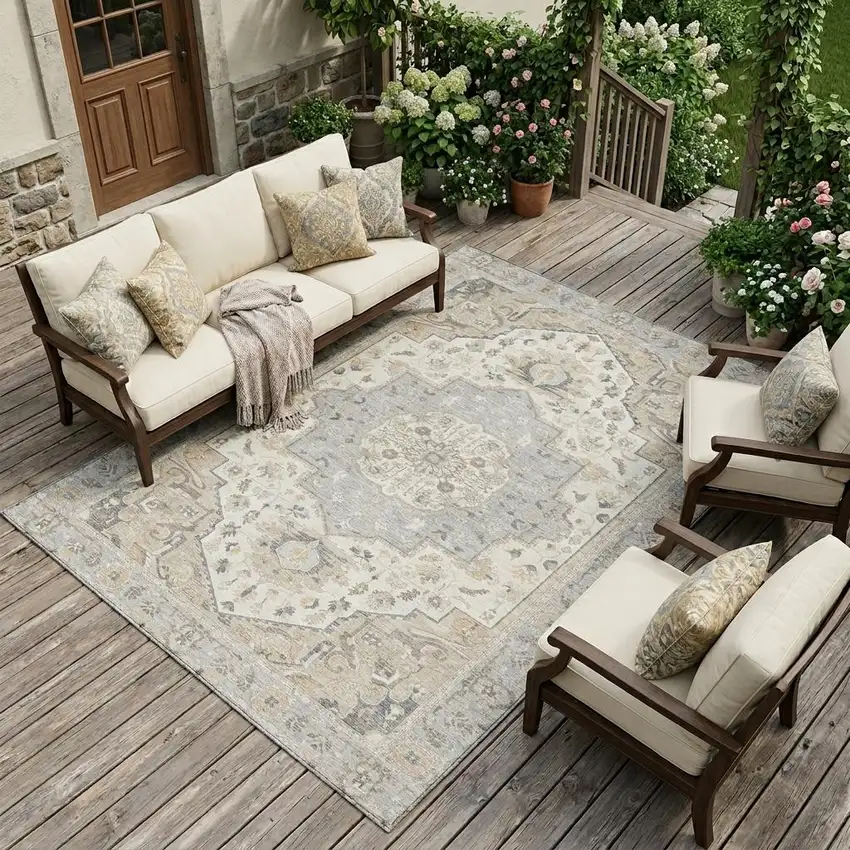 Silver And Fern Green Oriental Washable Indoor Outdoor Area Rug Photo 1