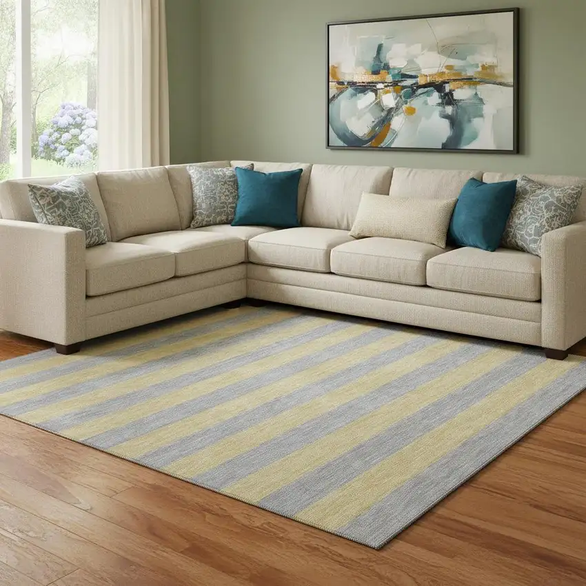 Silver And Gold Striped Washable Area Rug With UV Protection Photo 1