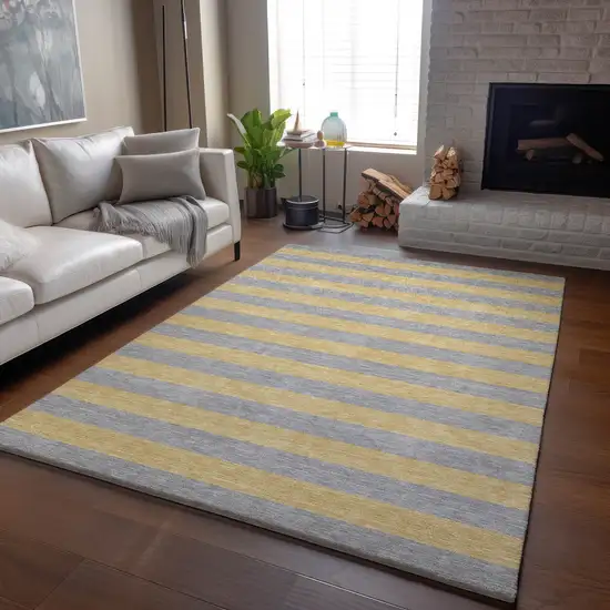 Silver And Gold Striped Washable Area Rug With UV Protection Photo 4